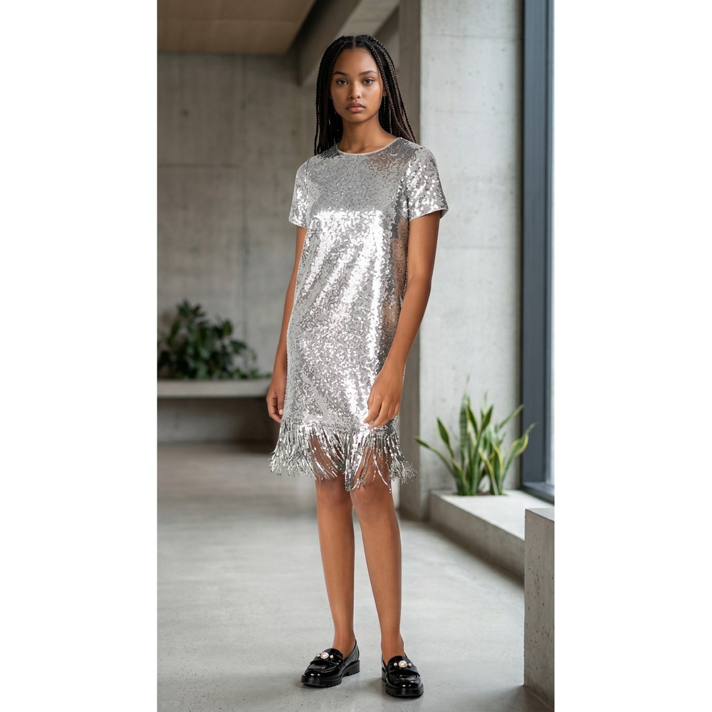 Kate Spade New York‎ Sequin Fringe Shift Dress L Silver Metallic Ombre NWT Style